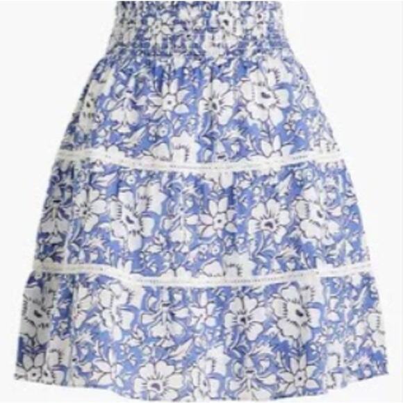 J.Crew Blue White Floral Print Shirred Tiered Mini Skirt Lace Trim - Size S - Picture 1 of 9